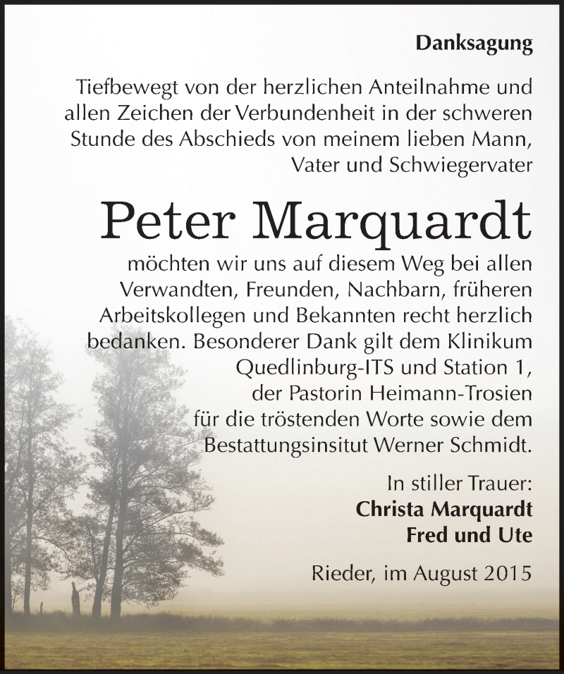  Traueranzeige für Peter Marquardt vom 22.08.2015 aus Mitteldeutsche Zeitung Quedlinburg