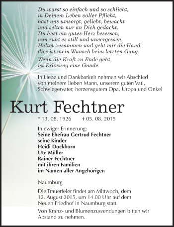 Traueranzeige von Kurt Fechtner von Mitteldeutsche Zeitung Naumburg/Nebra