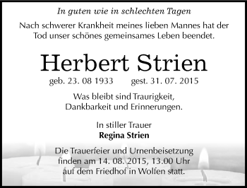 Traueranzeige von Herbert Strien von Mitteldeutsche Zeitung Bitterfeld