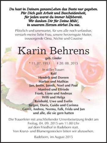 Traueranzeige von Karin Behrens von Super Sonntag Quedlinburg