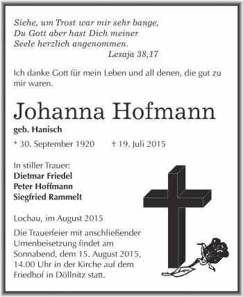 Traueranzeige von Johanna Hofmann von Super Sonntag Merseburg