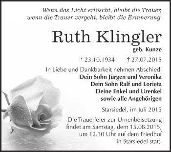 Traueranzeige von Ruth Klingler von WVG - Wochenspiegel Merseburg