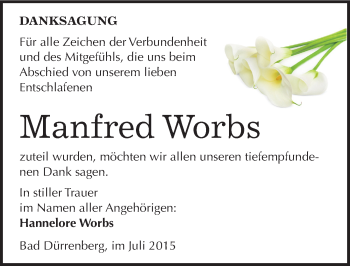 Traueranzeige von Manfred Worbs von Mitteldeutsche Zeitung Merseburg/Querfurt