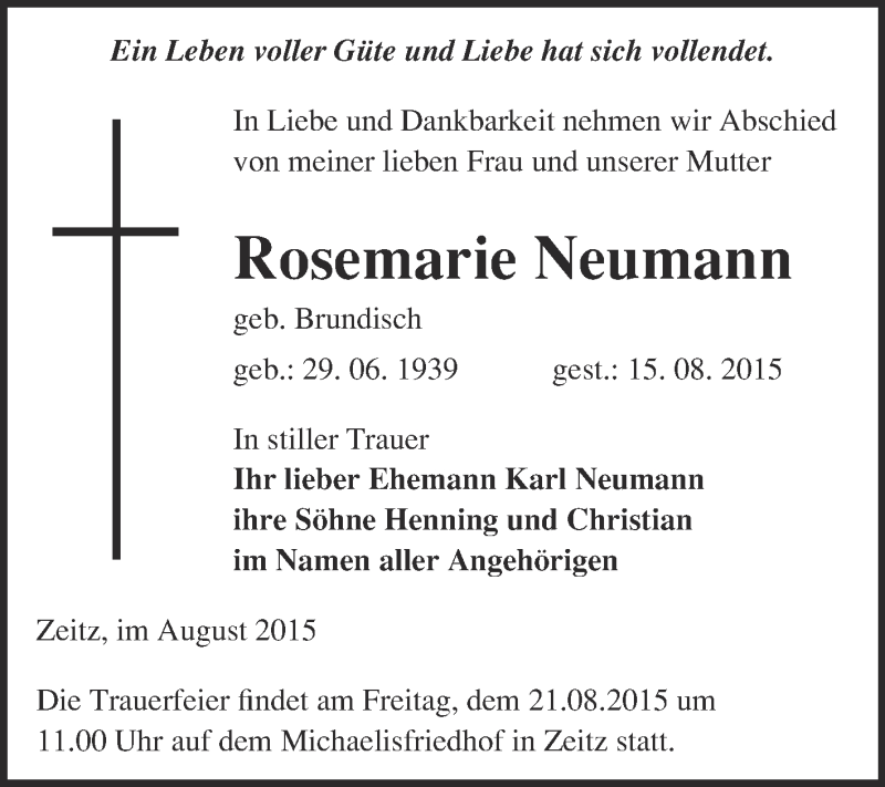  Traueranzeige für Rosemarie Neumann vom 19.08.2015 aus WVG - Wochenspiegel NMB / WSF / ZTZ