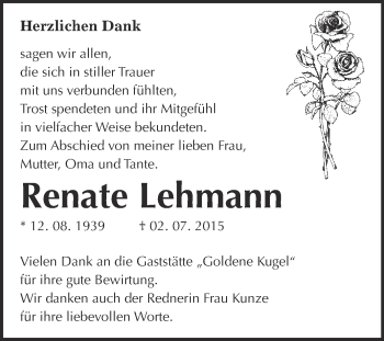 Traueranzeige von Renate Lehmann von Super Sonntag Wittenberg