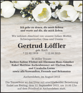 Traueranzeige von Gertrud Löffler von Super Sonntag Aschersleben