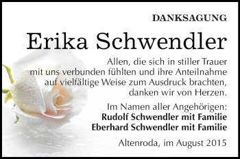 Traueranzeige von Erika Schwendler von WVG - Wochenspiegel Merseburg
