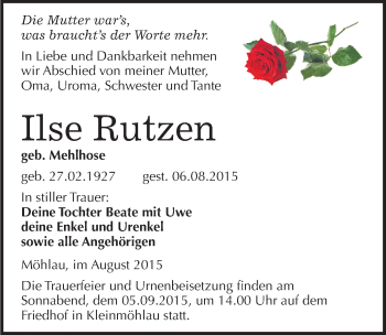 Traueranzeige von Ilse Rutzen von Mitteldeutsche Zeitung Wittenberg