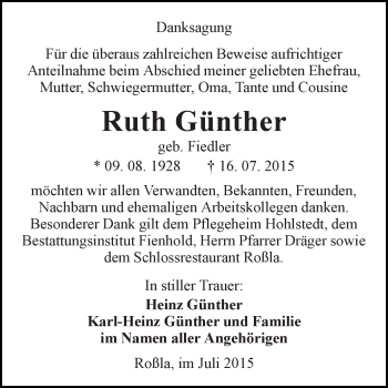 Traueranzeige von Ruth Günther von Super Sonntag SGH Mansf. Land