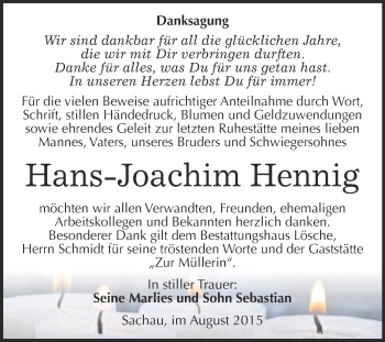 Traueranzeige von Hans-Joachim Hennig von WVG - Wochenspiegel Wittenberg