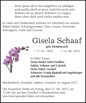 Traueranzeige von Gisela Schaaf von Mitteldeutsche Zeitung Sangerhausen