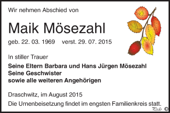 Traueranzeige von Maik Mösezahl von Super Sonntag Zeitz