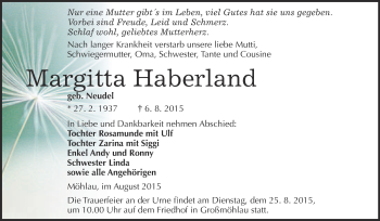 Traueranzeige von Margitta Haberland von WVG - Wochenspiegel Wittenberg