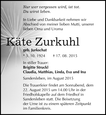 Traueranzeige von Käte Zurkuhl von Mitteldeutsche Zeitung Mansfelder Land