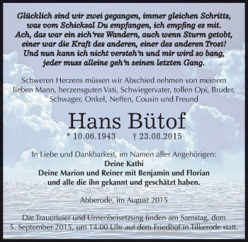 Traueranzeige von Hans Bütof von Mitteldeutsche Zeitung Mansfelder Land