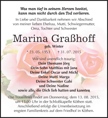 Traueranzeige von Marina Graßhoff von Mitteldeutsche Zeitung Köthen