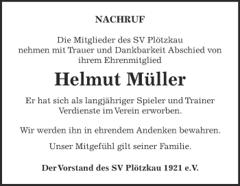 Traueranzeige von Helmut Müller von Super Sonntag Bernburg