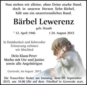 Traueranzeige von Bärbel Lewerenz von Mitteldeutsche Zeitung Quedlinburg
