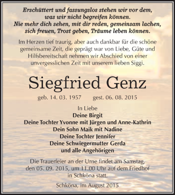 Traueranzeige von Siegfried Genz von WVG - Wochenspiegel Wittenberg