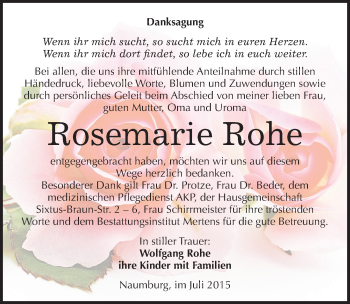 Traueranzeige von Rosemarie Rohe von Mitteldeutsche Zeitung Naumburg/Nebra