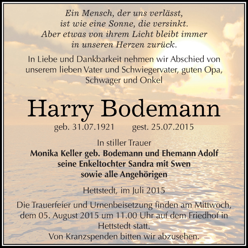  Traueranzeige für Harry Bodemann vom 01.08.2015 aus Super Sonntag SGH Mansf. Land