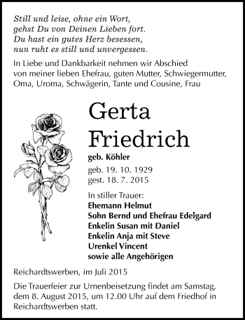 Traueranzeige von Gerta Friedrich von Mitteldeutsche Zeitung Weißenfels