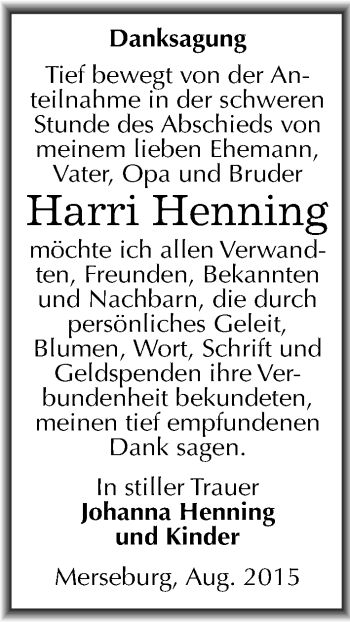 Traueranzeige von Harri Henning von Mitteldeutsche Zeitung Merseburg/Querfurt