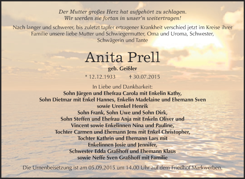  Traueranzeige für Anita Prell vom 12.08.2015 aus WVG - Wochenspiegel NMB / WSF / ZTZ