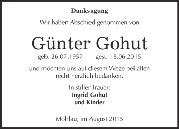 Traueranzeige von Günter Gohut von WVG - Wochenspiegel Wittenberg