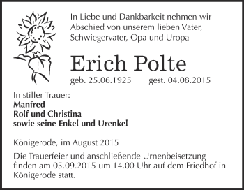 Traueranzeige von Erich Polte von Super Sonntag Quedlinburg