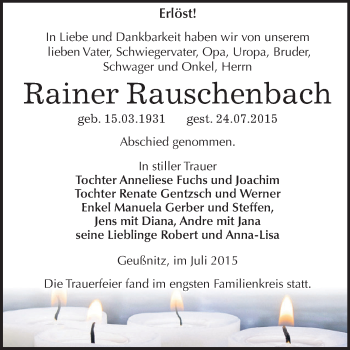 Traueranzeige von Rainer Rauschenbach von Super Sonntag Zeitz