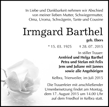 Traueranzeige von Irmgard Barthel von Mitteldeutsche Zeitung Sangerhausen
