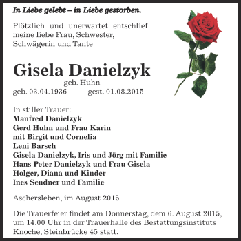 Traueranzeige von Gisela Danielzyk von Super Sonntag Aschersleben