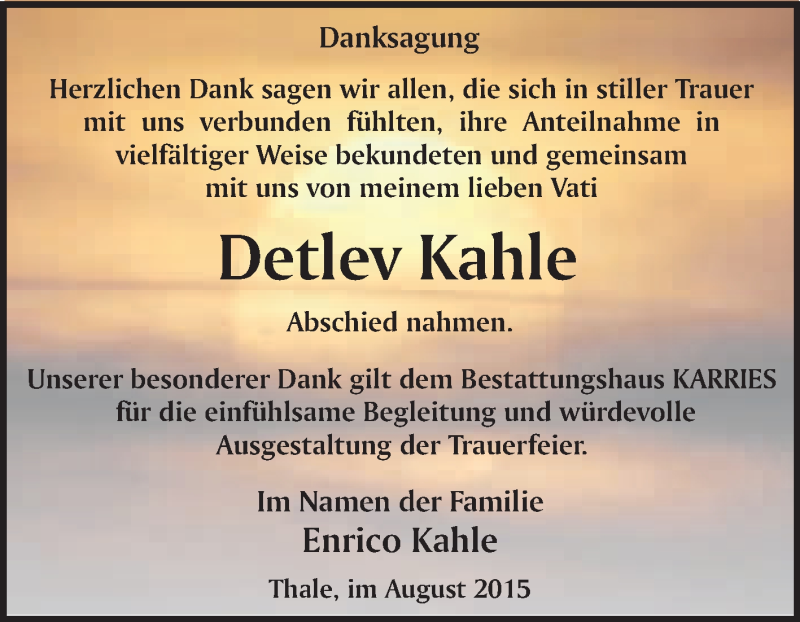  Traueranzeige für Detlev Kahle vom 08.08.2015 aus WVG - Wochenspiegel Quedlinburg