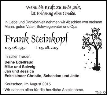 Traueranzeige von Frank Steinkopf von WVG - Wochenspiegel NMB / WSF / ZTZ
