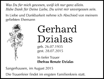Traueranzeige von Gerhard Dzialas von Mitteldeutsche Zeitung Sangerhausen
