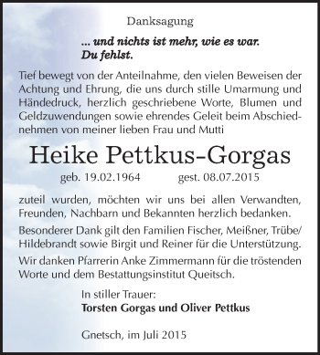 Traueranzeige von Heike Pettkus-Gorgas von WVG - Wochenspiegel Dessau / Köthen
