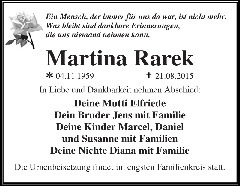  Traueranzeige für Martina Rarek vom 29.08.2015 aus WVG - Wochenspiegel Dessau / Köthen