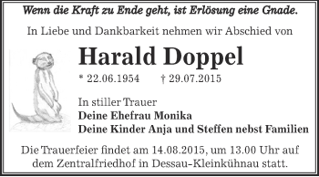 Traueranzeige von Harald Doppel von WVG - Wochenspiegel Dessau / Köthen