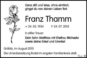 Traueranzeige von Franz Thamm von WVG - Wochenspiegel NMB / WSF / ZTZ