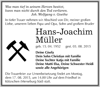 Traueranzeige von Hans-Joachim Müller von Mitteldeutsche Zeitung Merseburg/Querfurt
