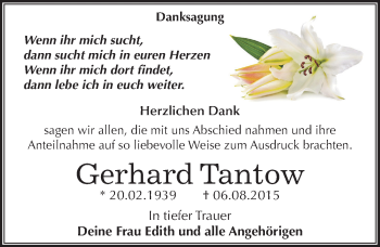 Traueranzeige von Gerhard Tantow von Mitteldeutsche Zeitung Dessau-Roßlau