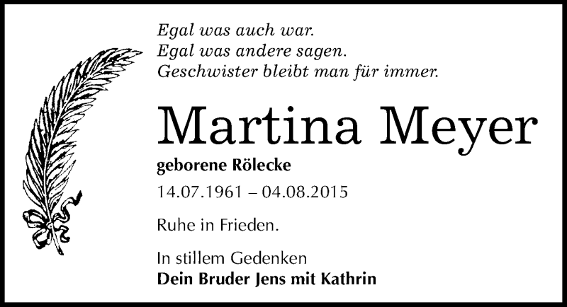  Traueranzeige für Martina Meyer vom 15.08.2015 aus Mitteldeutsche Zeitung Köthen