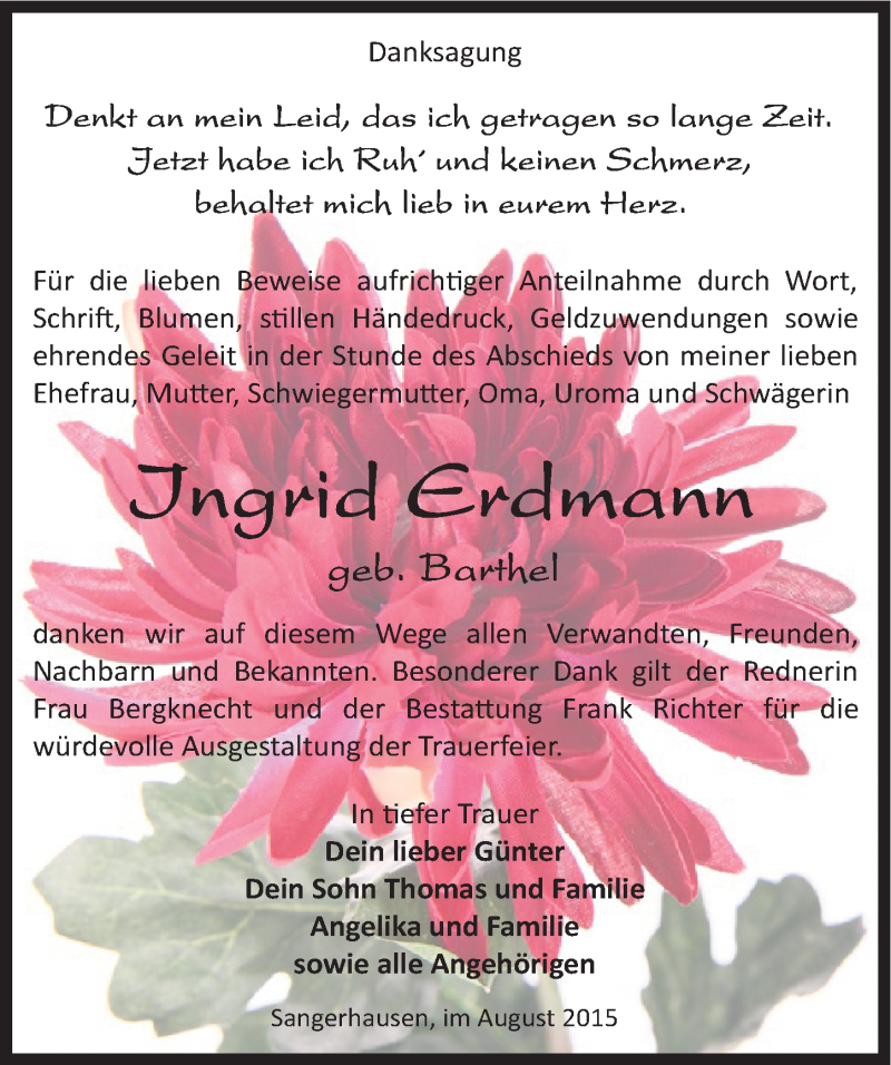  Traueranzeige für Ingrid Erdmann vom 01.08.2015 aus Mitteldeutsche Zeitung Sangerhausen