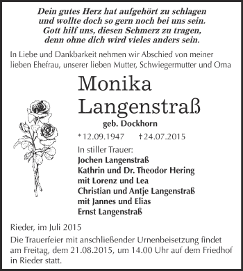 Traueranzeige von Monika Langenstraß von WVG - Wochenspiegel Quedlinburg