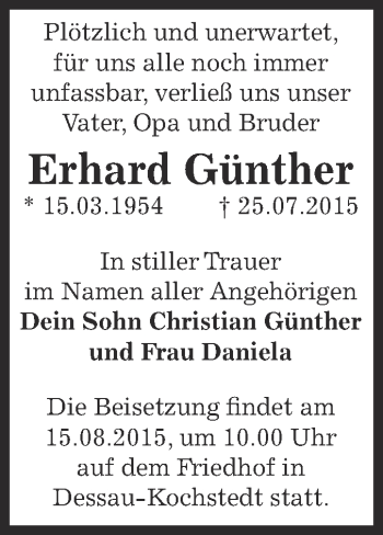 Traueranzeige von Erhard Günther von WVG - Wochenspiegel Dessau / Köthen