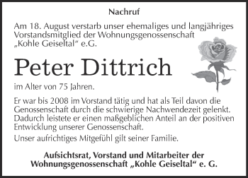 Traueranzeige von Peter Dittrich von WVG - Wochenspiegel Merseburg