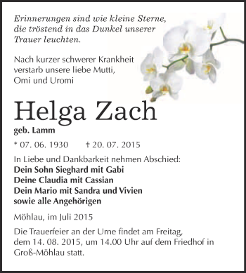 Traueranzeige von Helga Zach von WVG - Wochenspiegel Wittenberg