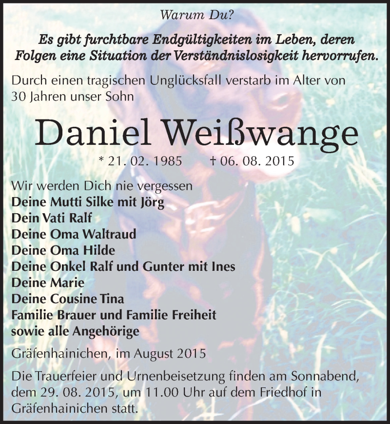  Traueranzeige für Daniel Weißwange vom 22.08.2015 aus Mitteldeutsche Zeitung Wittenberg