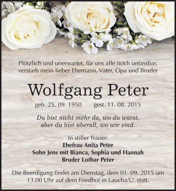 Traueranzeige von Wolfgang Peter von Mitteldeutsche Zeitung Naumburg/Nebra